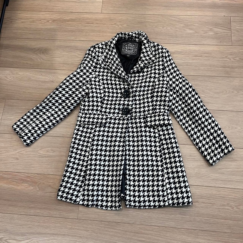Last Kiss black & white bold houndstooth long coat Women L Retro Dark Academia